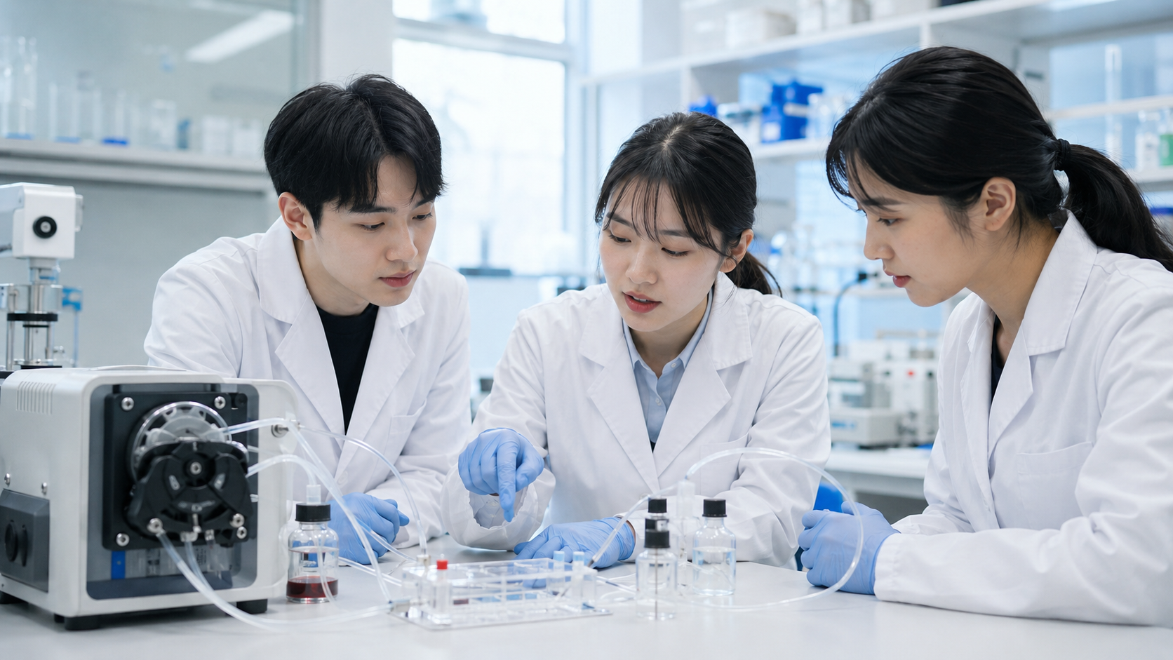 미세유체 실험 장비를 함께 살펴보는 연구원들