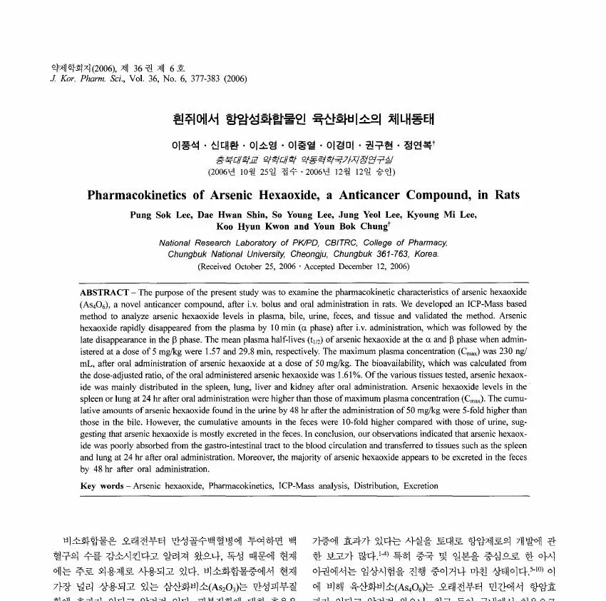 Pharmacokinetics of Arsenic Hexaoxide, an Anticancer Compound, in Rats 논문 이미지
