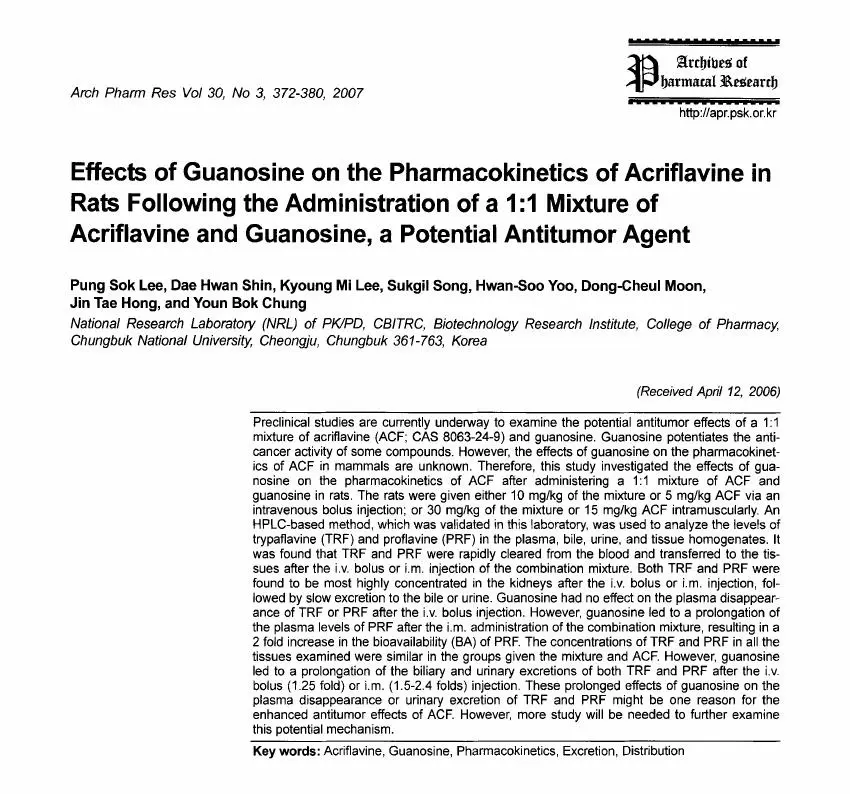 Effects of Guanosine on the Pharmacokinetics of Acriflavine in Rats Following the Administration of a 1:1 Mixture of Acriflavine and Guanosine, a Potential Antitumor Agent 논문 이미지