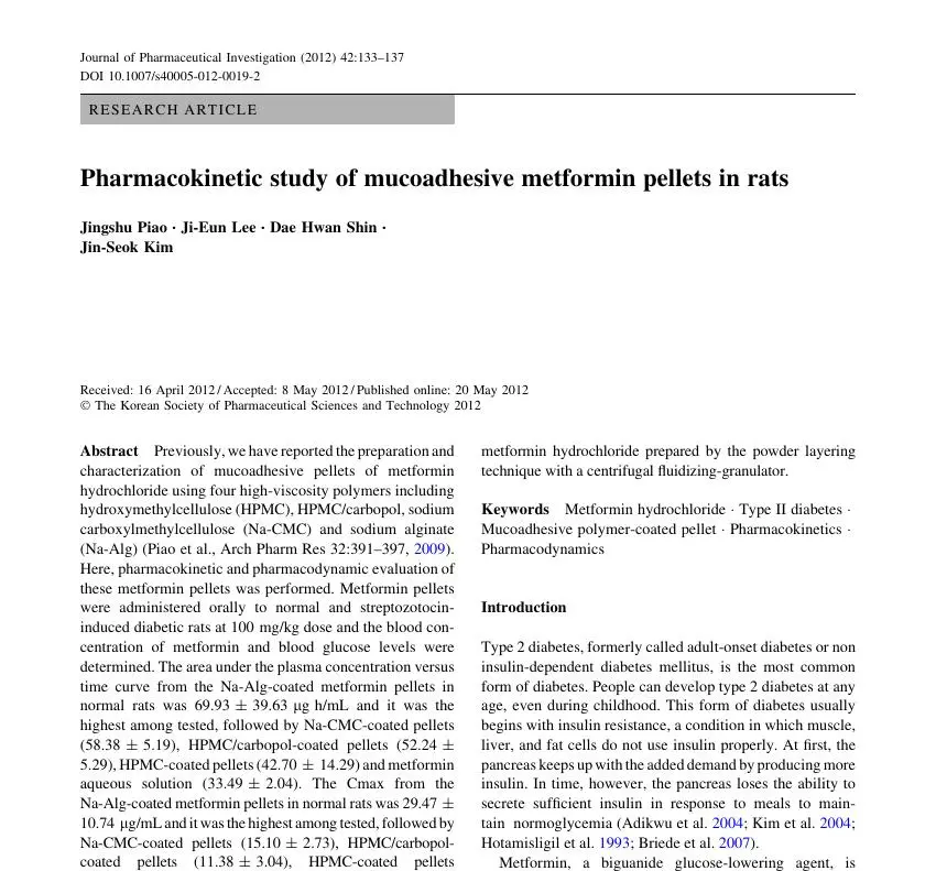 Pharmacokinetic study of mucoadhesive metformin pellets in rats 논문 이미지