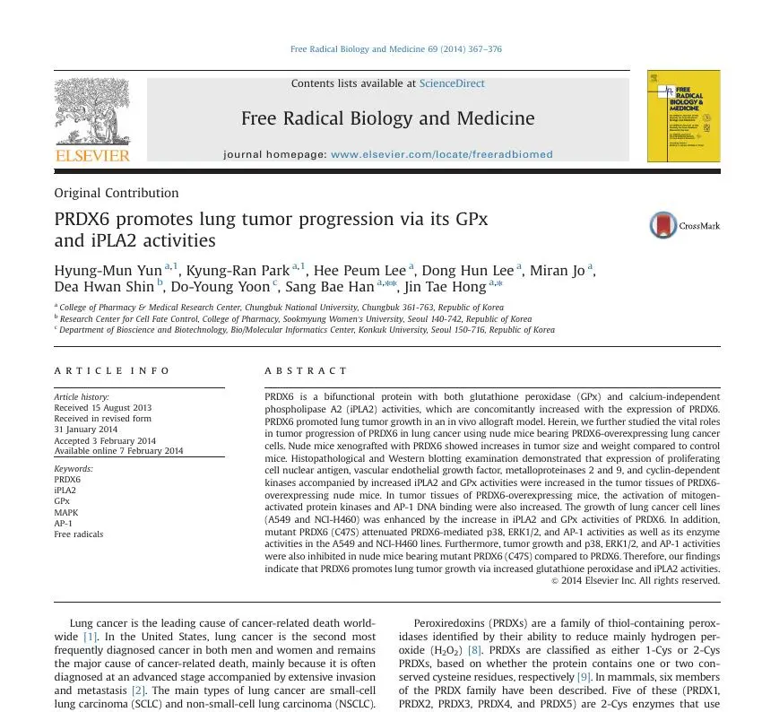 PRDX6 promotes lung tumor progression via its GPx and iPLA2 activities 논문 이미지