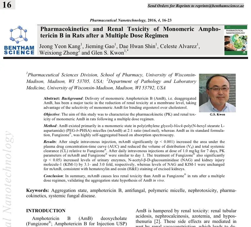 Pharmacokinetics and Renal Toxicity of Monomeric Amphotericin B in Rats after a Multiple Dose Regimen 논문 이미지