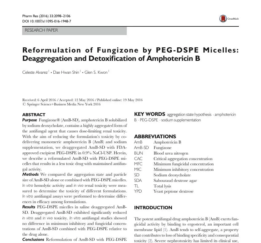 Reformulation of Fungizone by PEG-DSPE Micelles: Deaggregation and Detoxification of Amphotericin B 논문 이미지