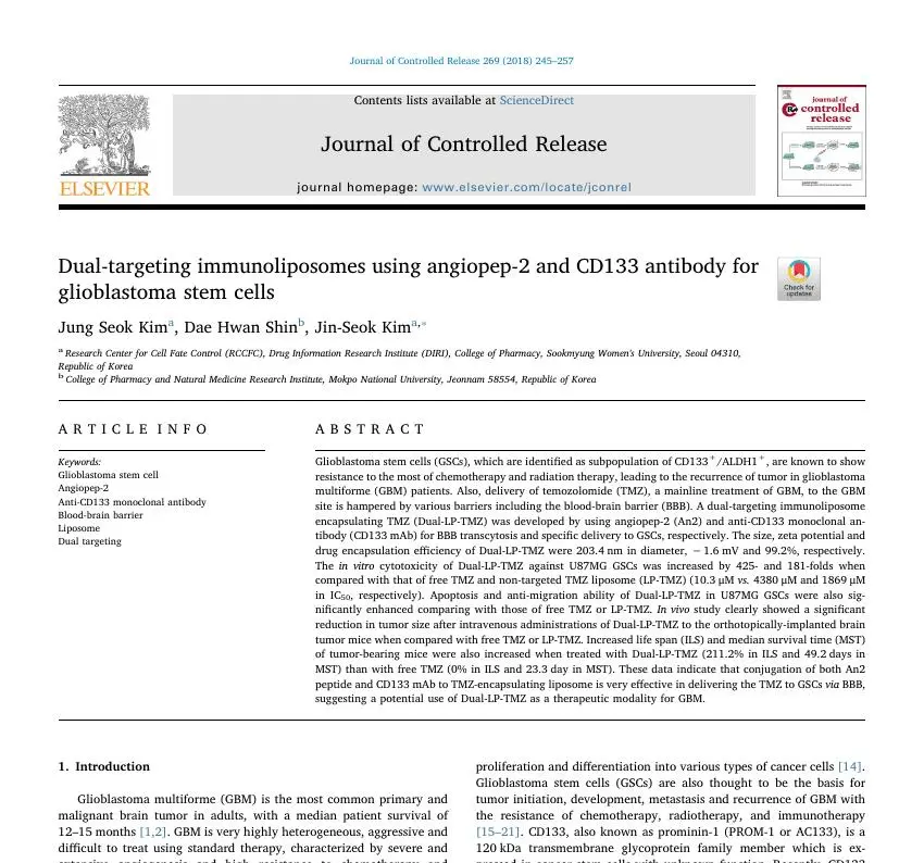 Dual-targeting immunoliposomes using angiopep-2 and CD133 antibody for glioblastoma stem cells 논문 이미지