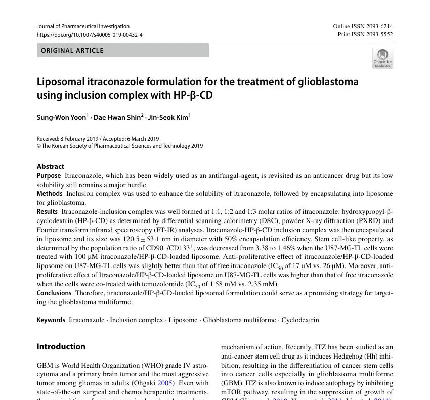 Liposomal itraconazole formulation for the treatment of glioblastoma using inclusion complex with HP-β-CD 논문 이미지