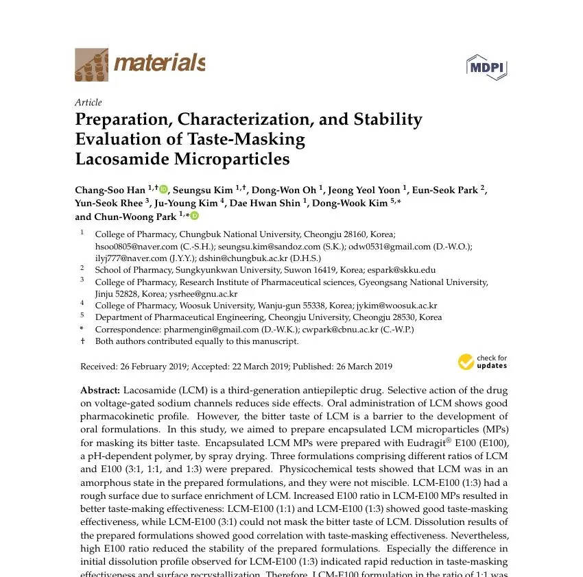 Preparation, Characterization, and Stability Evaluation of Taste-Masking Lacosamide Microparticles 논문 이미지