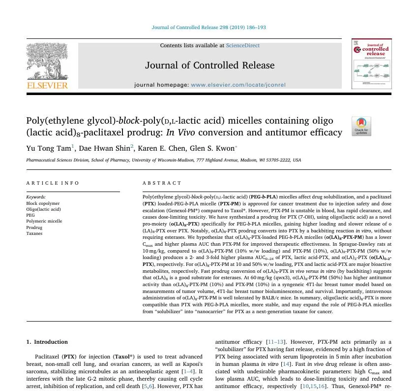 Poly(ethylene glycol)-block-poly(d,l-lactic acid) micelles containing oligo(lactic acid)8-paclitaxel prodrug: In Vivo conversion and antitumor efficacy 논문 이미지