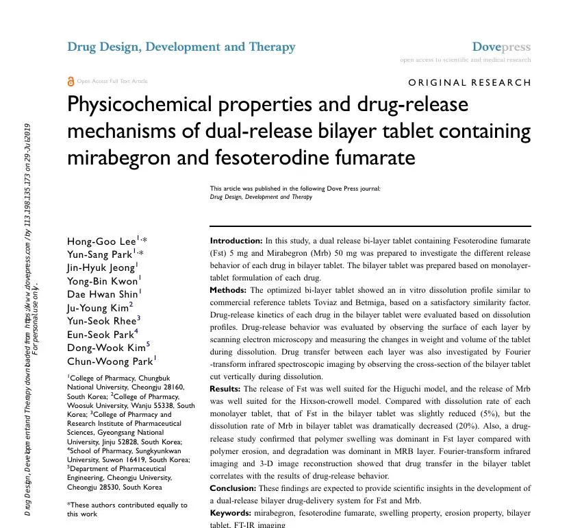 Physicochemical properties and drug-release mechanisms of dual-release bilayer tablet containing mirabegron and fesoterodine fumarate 논문 이미지