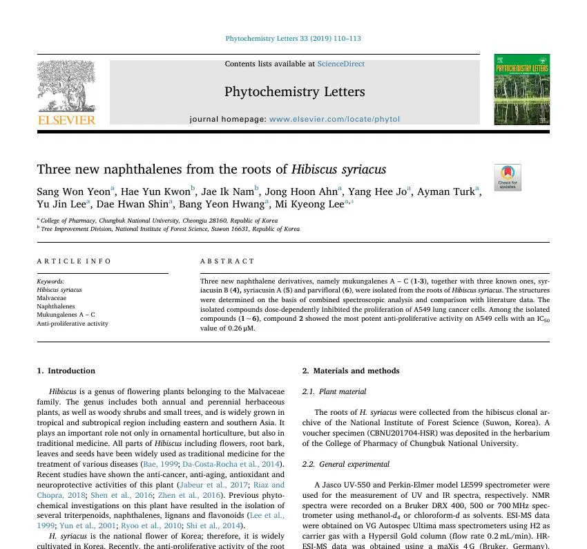 Three new naphthalenes from the roots of Hibiscus syriacus 논문 이미지