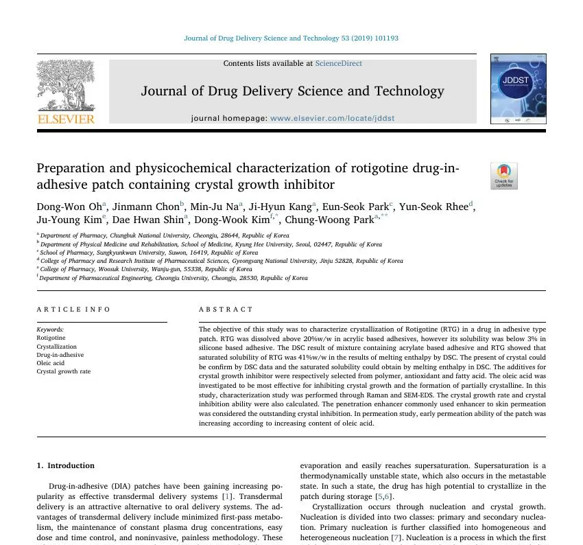 Preparation and physicochemical characterization of rotigotine drug-in-adhesive patch containing crystal growth inhibitor 논문 이미지