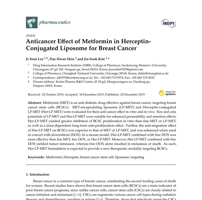 Anticancer Effect of Metformin in Herceptin-Conjugated Liposome for Breast Cancer 논문 이미지