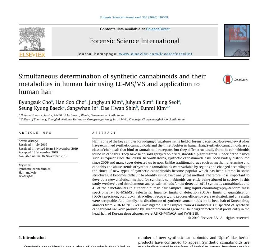Simultaneous determination of synthetic cannabinoids and their metabolites in human hair using LC-MS/MS and application to human hair 논문 이미지