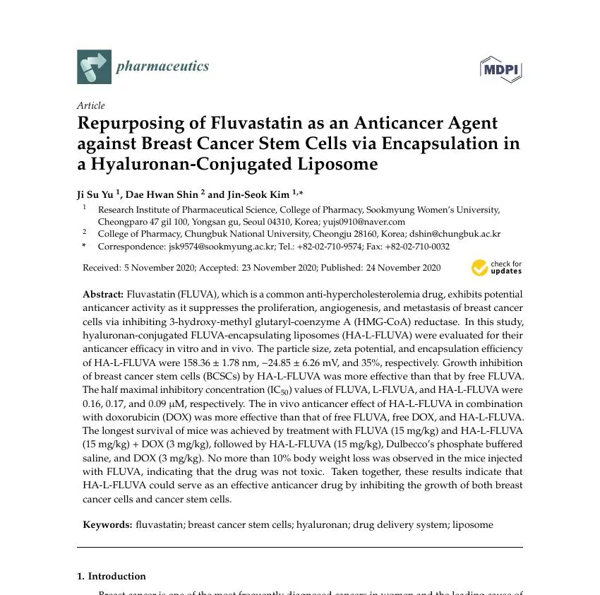 Repurposing of Fluvastatin as an Anticancer Agent against Breast Cancer Stem Cells via Encapsulation in a Hyaluronan-Conjugated Liposome 논문 이미지