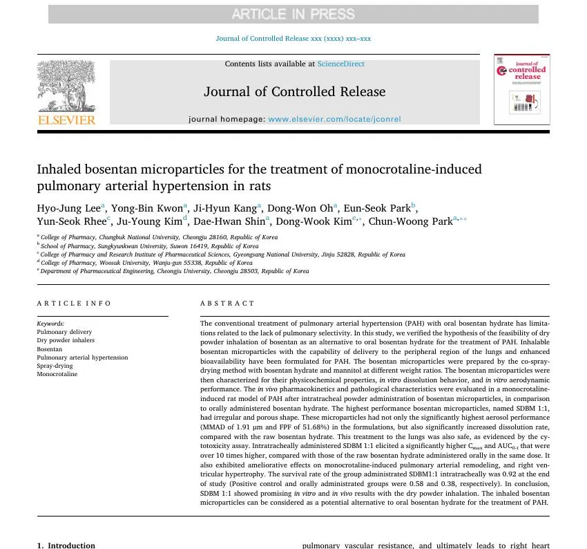 Inhaled bosentan microparticles for the treatment of monocrotaline-induced pulmonary arterial hypertension in rats 논문 이미지