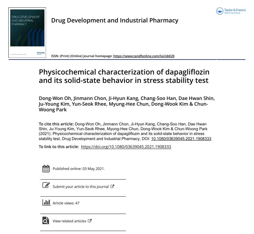 Physicochemical characterization of dapagliflozin and its solid-state behavior in stress stability tests 논문 이미지