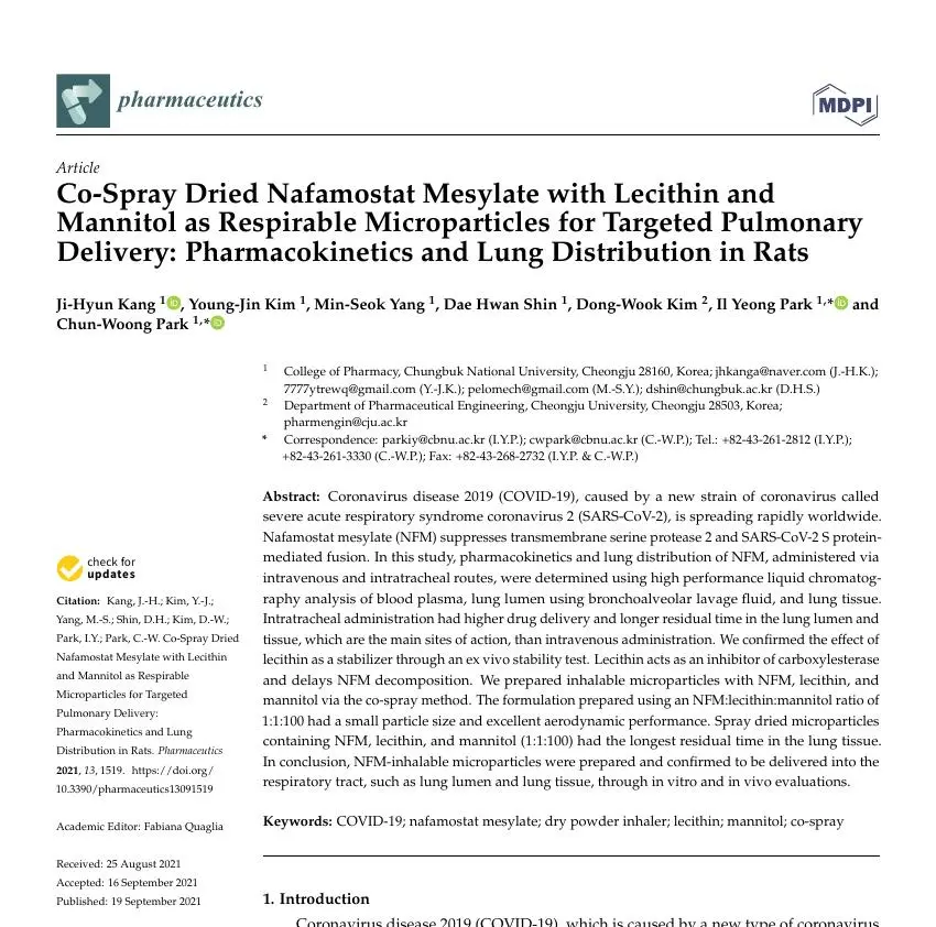 Co-Spray Dried Nafamostat Mesylate with Lecithin and Mannitol as Respirable Microparticles for Targeted Pulmonary Delivery: Pharmacokinetics and Lung Distribution in Rats 논문 이미지