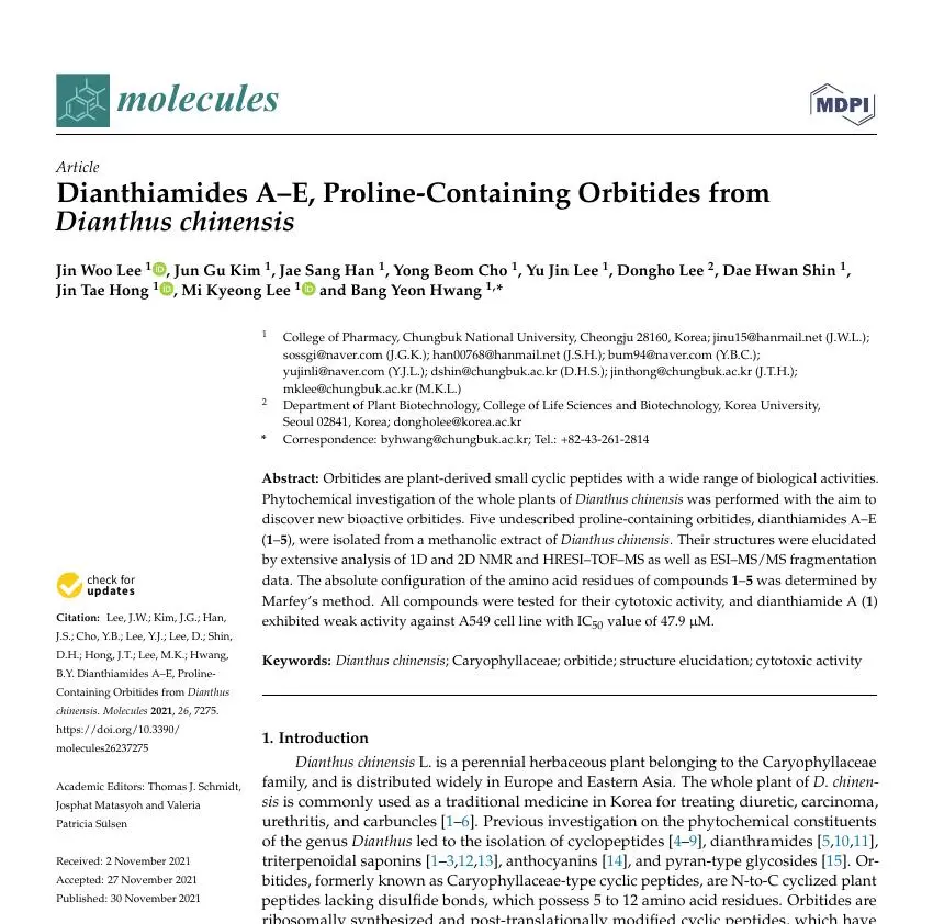 Dianthiamides A–E, Proline-Containing Orbitides from Dianthus chinensis 논문 이미지
