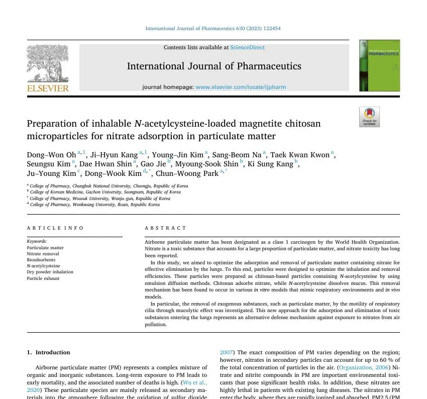 Preparation of inhalable N-acetylcysteine-loaded magnetite chitosan microparticles for nitrate adsorption in particulate matter 논문 이미지