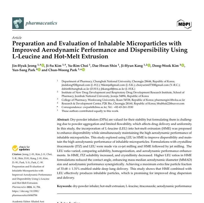 Preparation and Evaluation of Inhalable Microparticles with Improved Aerodynamic Performance and Dispersibility Using L-Leucine and Hot-Melt Extrusion 논문 이미지
