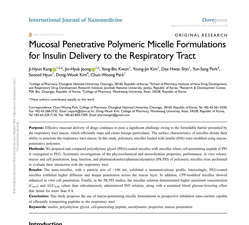 Mucosal Penetrative Polymeric Micelle Formulations for Insulin Delivery to the Respiratory Tract 논문 이미지