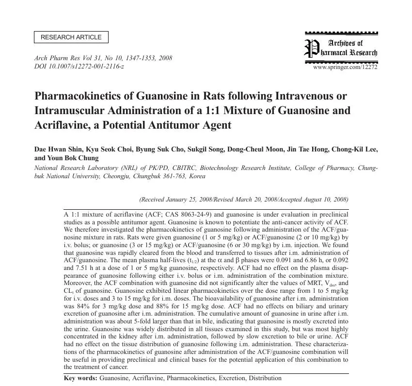 Pharmacokinetics of Guanosine in Rats following Intravenous or Intramuscular Administration of a 1:1 Mixture of Guanosine and Acriflavine, a Potential Antitumor Agent 논문 이미지