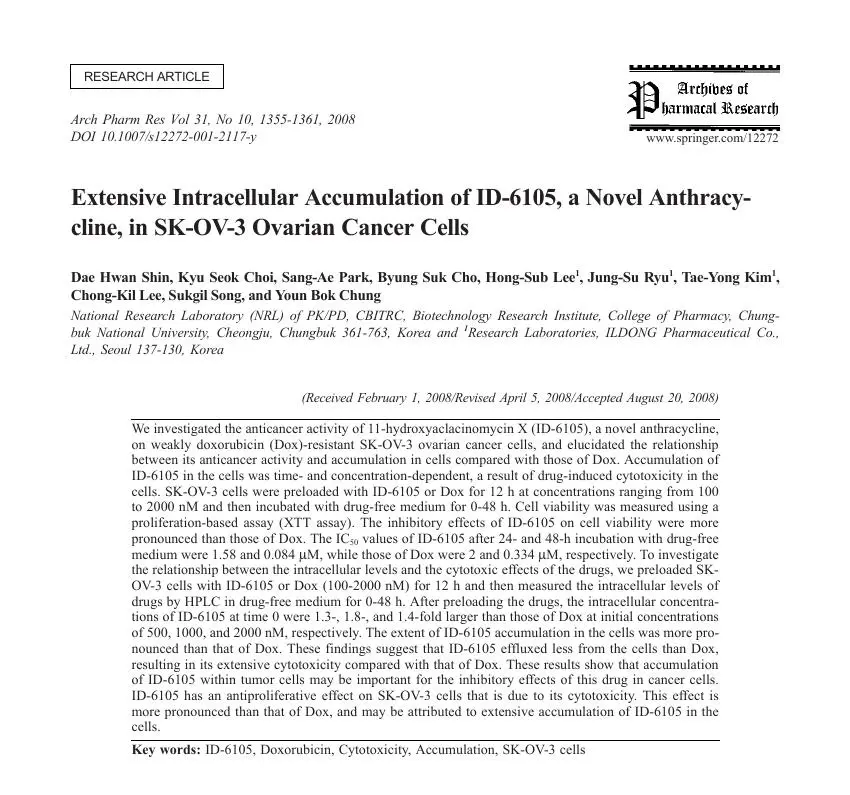 Extensive Intracellular Accumulation of ID-6105, a Novel Anthracycline, in SK-OV-3 Ovarian Cancer Cells 논문 이미지