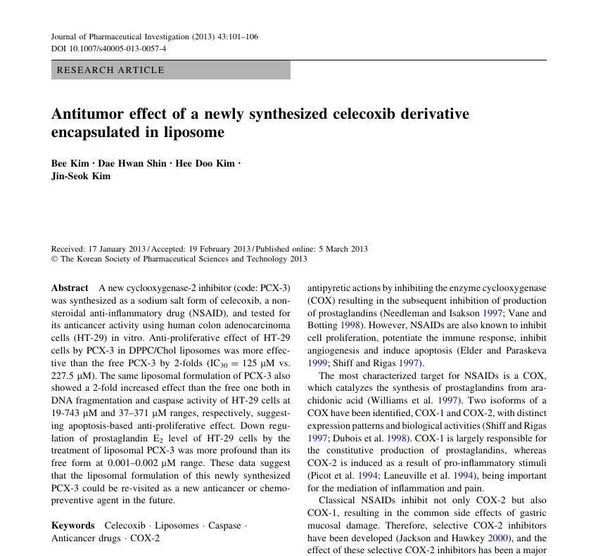 Antitumor effect of a newly synthesized celecoxib derivative encapsulated in liposome 논문 이미지