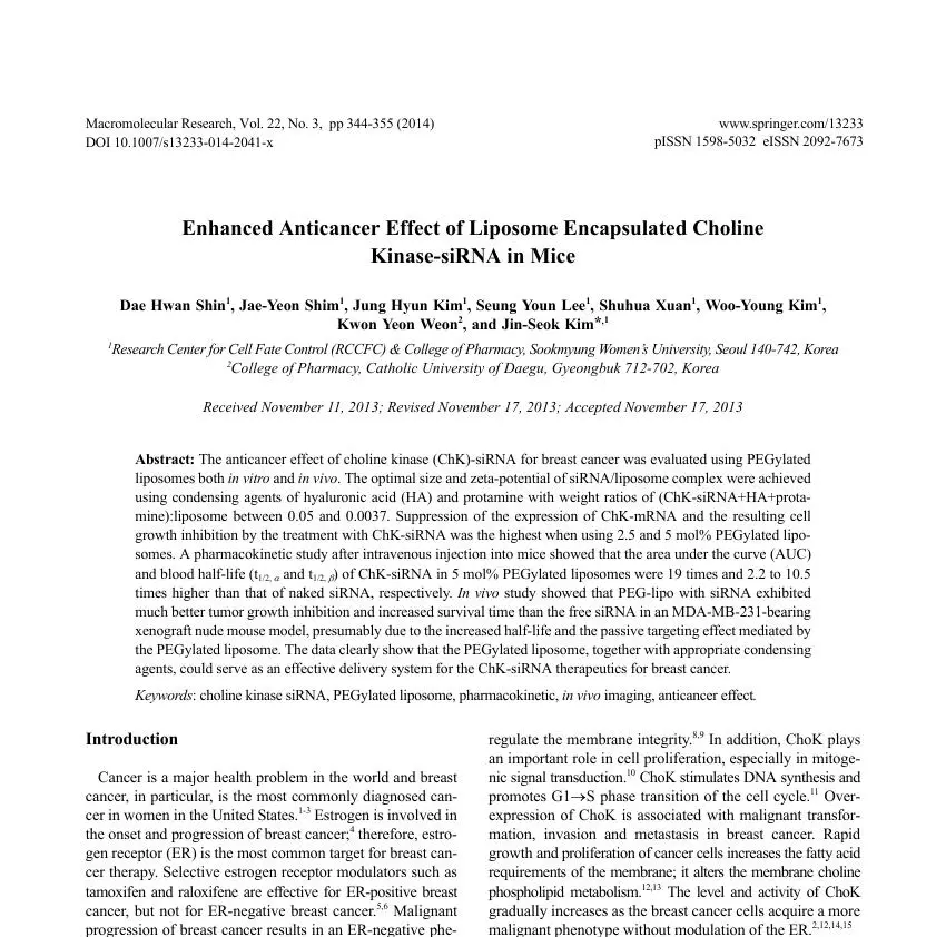 Enhanced Anticancer Effect of Liposome Encapsulated Choline Kinase-siRNA in Mice 논문 이미지