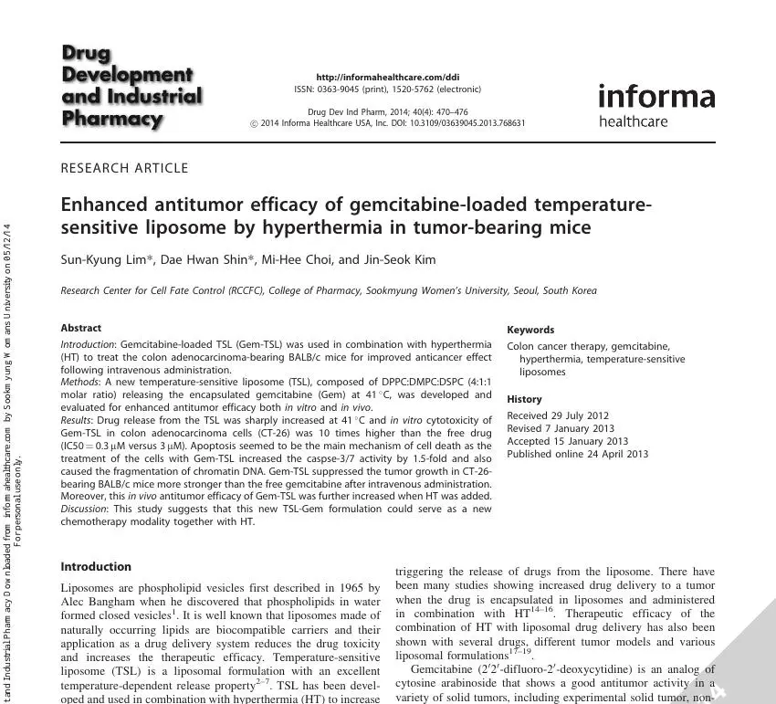 Enhanced antitumor efficacy of gemcitabine-loaded temperature-sensitive liposome by hyperthermia in tumor-bearing mice 논문 이미지