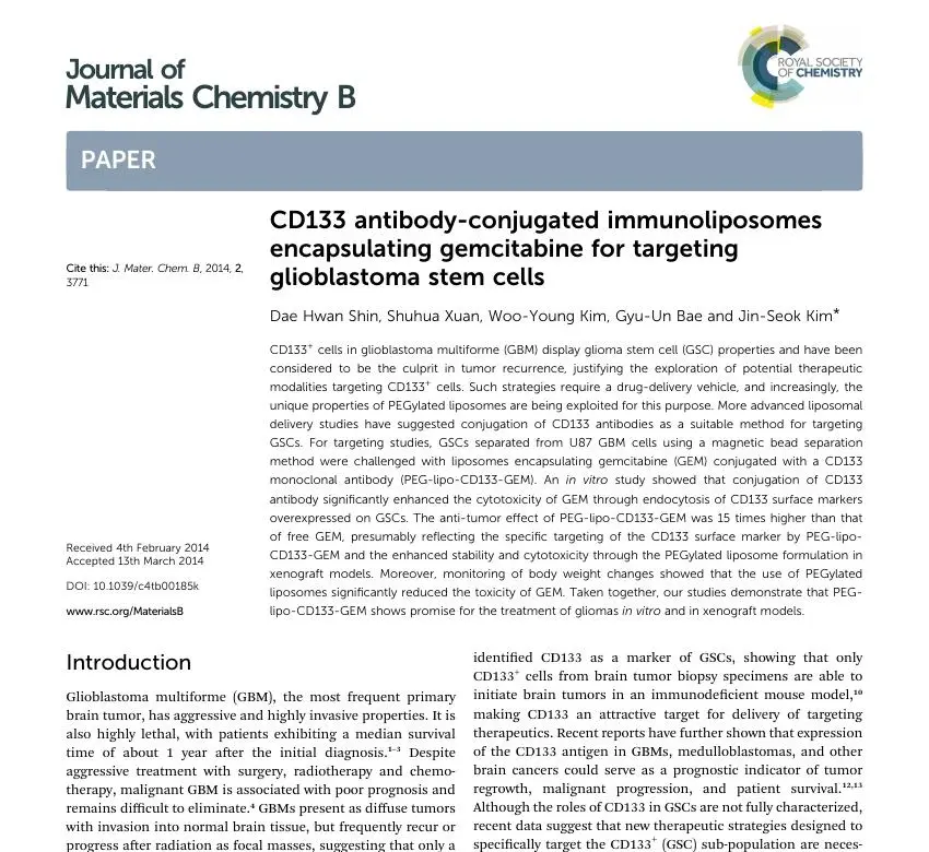 CD133 antibody-conjugated immunoliposomes encapsulating gemcitabine for targeting glioblastoma stem cells 논문 이미지