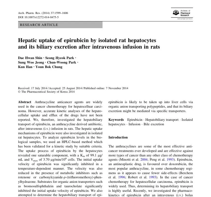 Hepatic uptake of epirubicin by isolated rat hepatocytes and its biliary excretion after intravenous infusion in rats 논문 이미지