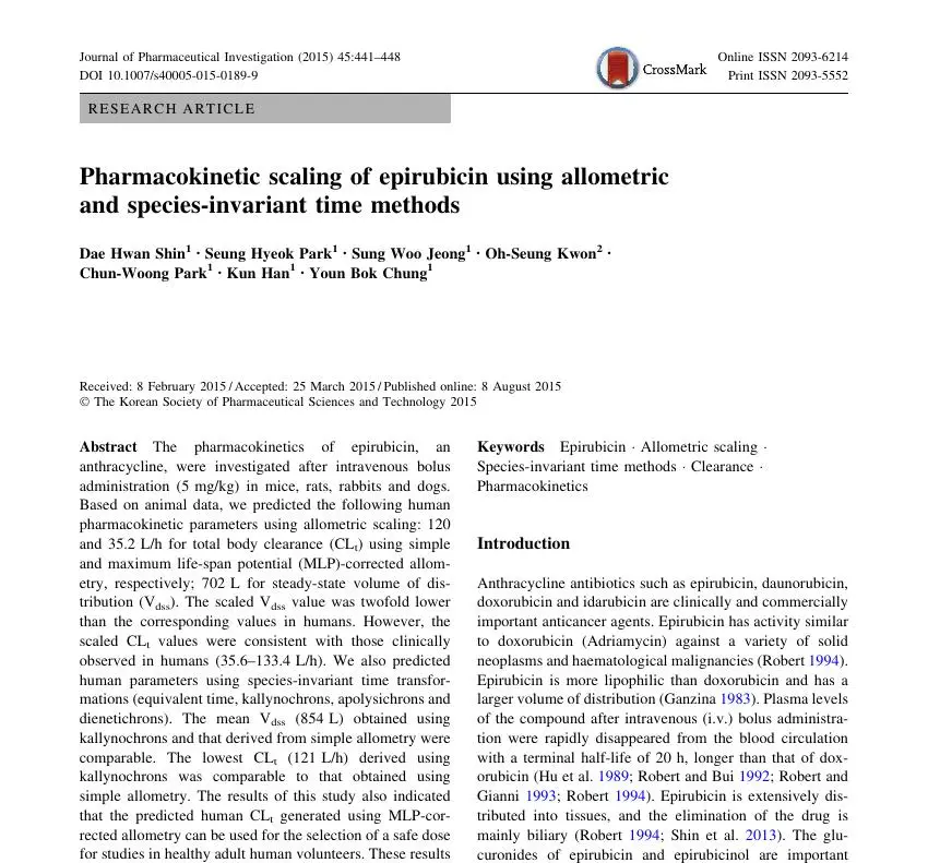Pharmacokinetic scaling of epirubicin using allometric and species-invariant time methods 논문 이미지