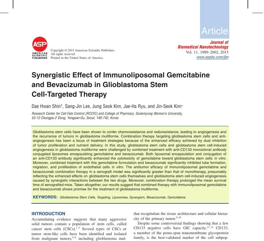 Synergistic Effect of Immunoliposomal Gemcitabine and Bevacizumab in Glioblastoma Stem Cell-Targeted Therapy 논문 이미지