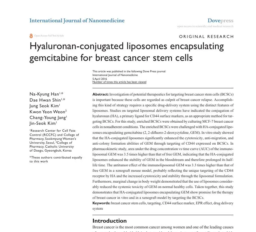 Hyaluronan-conjugated liposomes encapsulating gemcitabine for breast cancer stem cells 논문 이미지