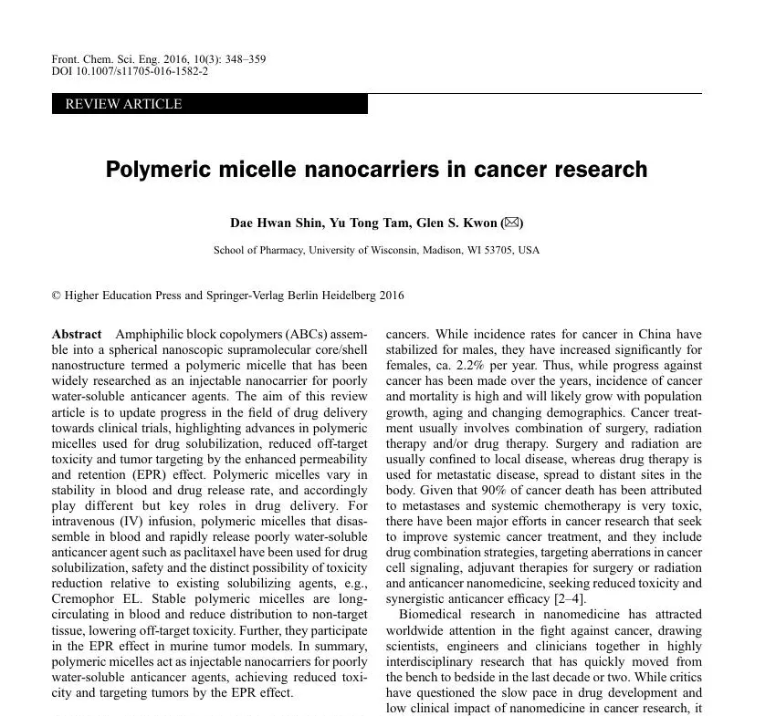 Polymeric micelle nanocarriers in cancer research 논문 이미지