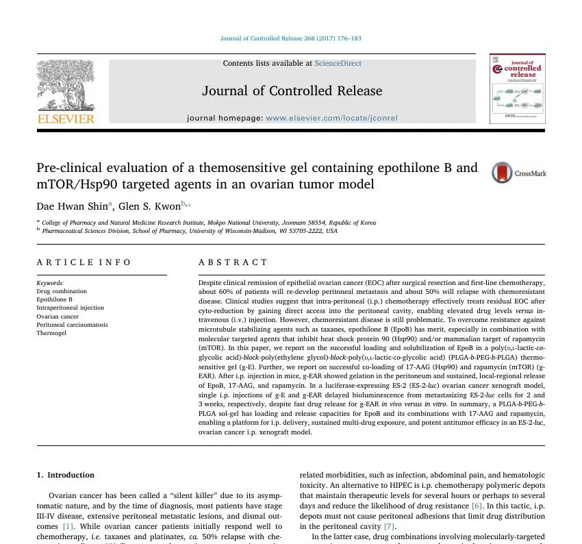Pre-clinical evaluation of a thermosensitive gel containing epothilone B and mTOR/Hsp90 targeted agents in an ovarian tumor model 논문 이미지