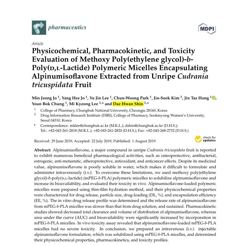 Physicochemical, Pharmacokinetic, and Toxicity Evaluation of Methoxy Poly(ethylene glycol)-b-Poly(d,l-Lactide) Polymeric Micelles Encapsulating Alpinumisoflavone Extracted from Unripe Cudrania tricuspidata Fruit 논문 이미지