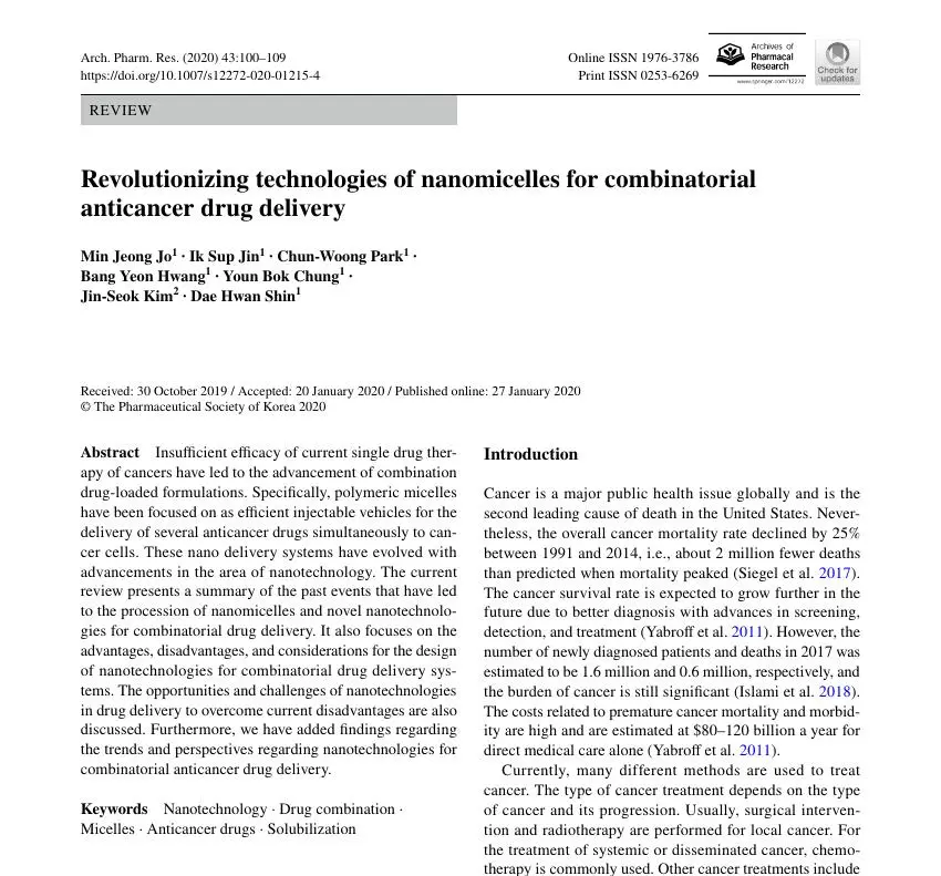 Revolutionizing technologies of nanomicelles for combinatorial anticancer drug delivery 논문 이미지