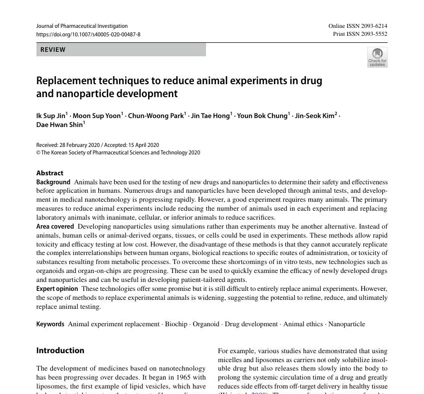 Replacement techniques to reduce animal experiments in drug and nanoparticle development 논문 이미지