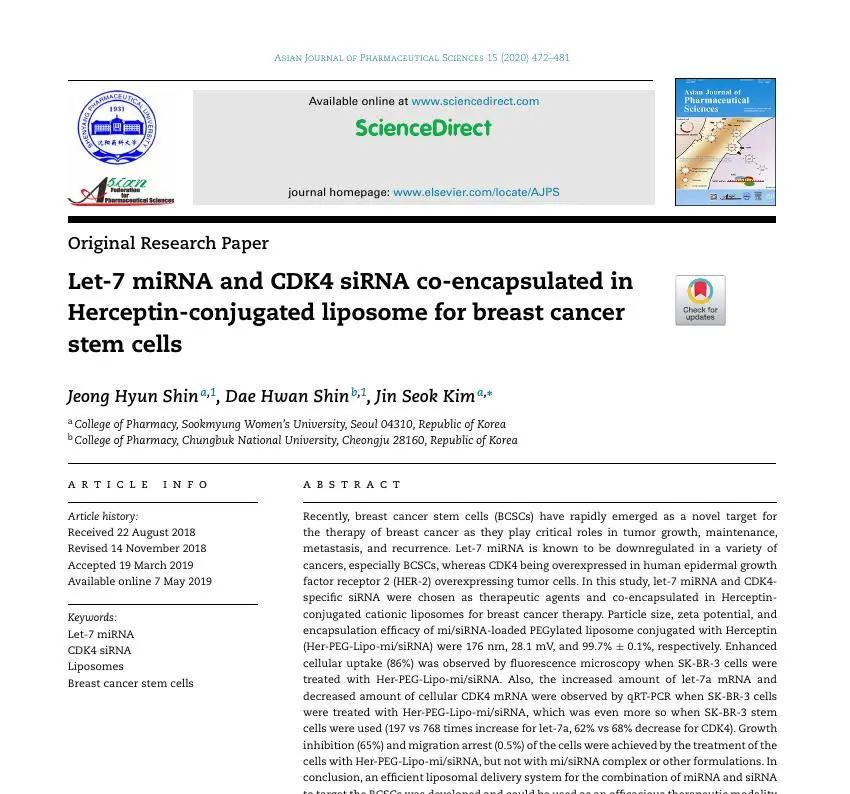 Let-7 miRNA and CDK4 siRNA co-encapsulated in Herceptin-conjugated liposome for breast cancer stem cells 논문 이미지