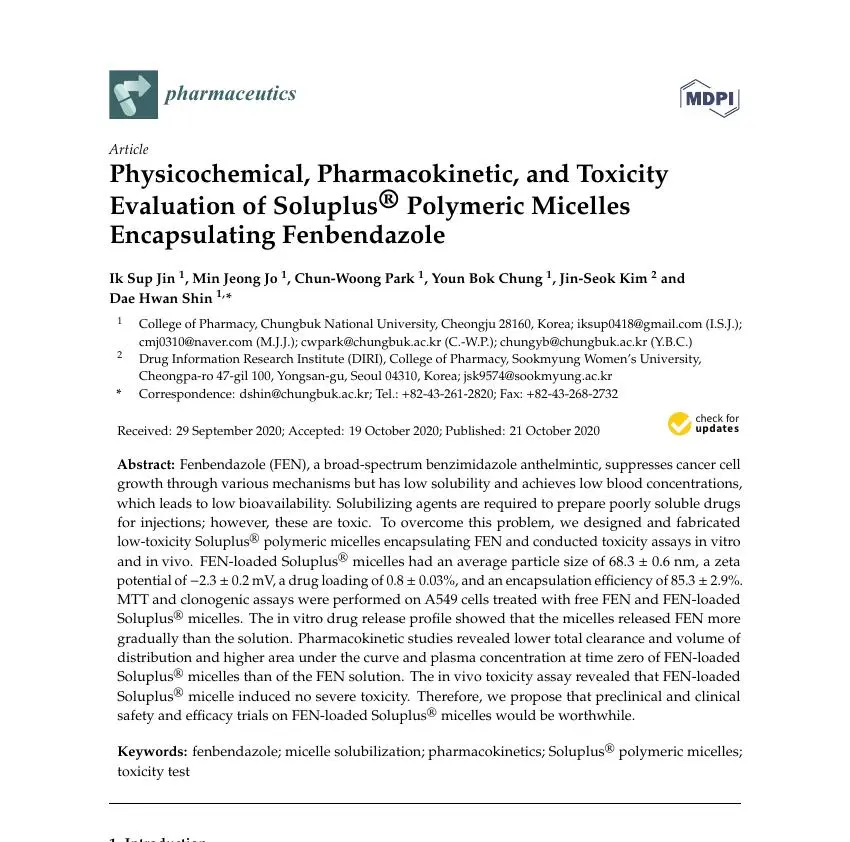 Physicochemical, Pharmacokinetic, and Toxicity Evaluation of Soluplus® Polymeric Micelles Encapsulating Fenbendazole 논문 이미지