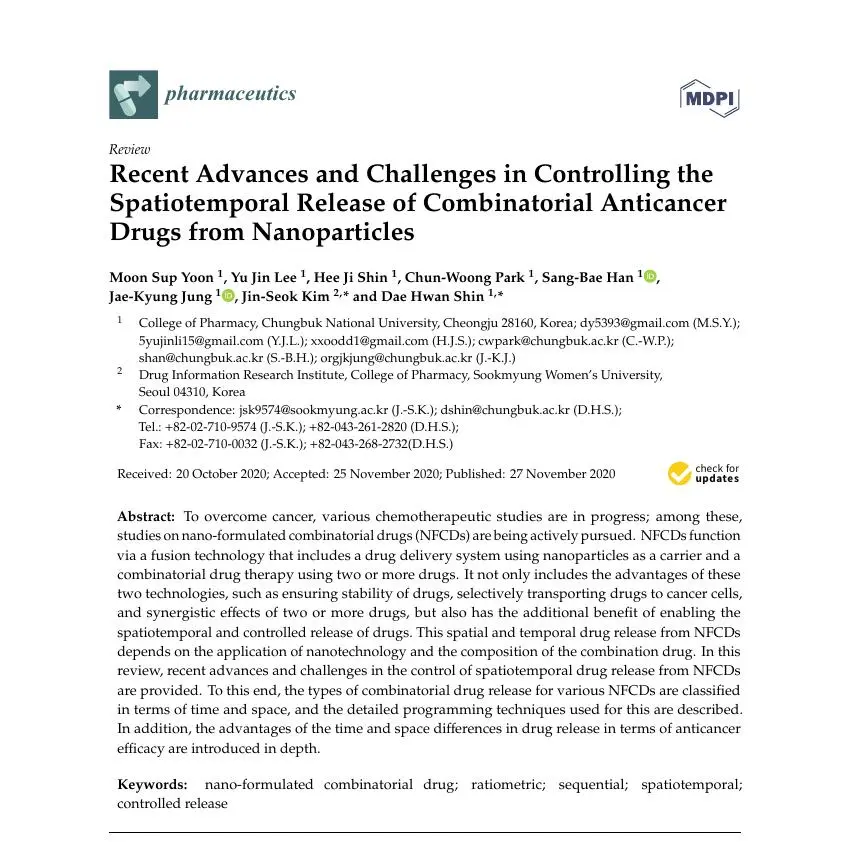 Recent Advances and Challenges in Controlling the Spatiotemporal Release of Combinatorial Anticancer Drugs from Nanoparticles 논문 이미지
