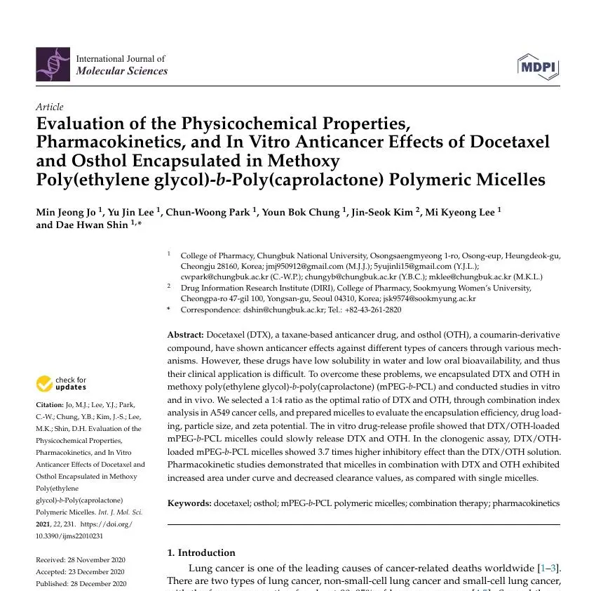 Evaluation of the Physicochemical Properties, Pharmacokinetics, and In Vitro Anticancer Effects of Docetaxel and Osthol Encapsulated in Methoxy Poly(ethylene glycol)-b-Poly(caprolactone) Polymeric Micelles 논문 이미지