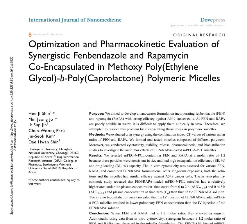 Optimization and Pharmacokinetic Evaluation of Synergistic Fenbendazole and Rapamycin Co-Encapsulated in Methoxy Poly(Ethylene Glycol)-b-Poly(Caprolactone) Polymeric Micelles 논문 이미지