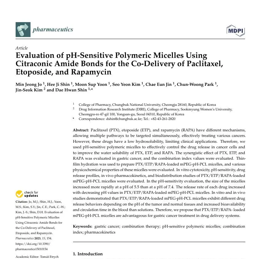 Evaluation of pH-Sensitive Polymeric Micelles Using Citraconic Amide Bonds for the Co-Delivery of Paclitaxel, Etoposide, and Rapamycin 논문 이미지