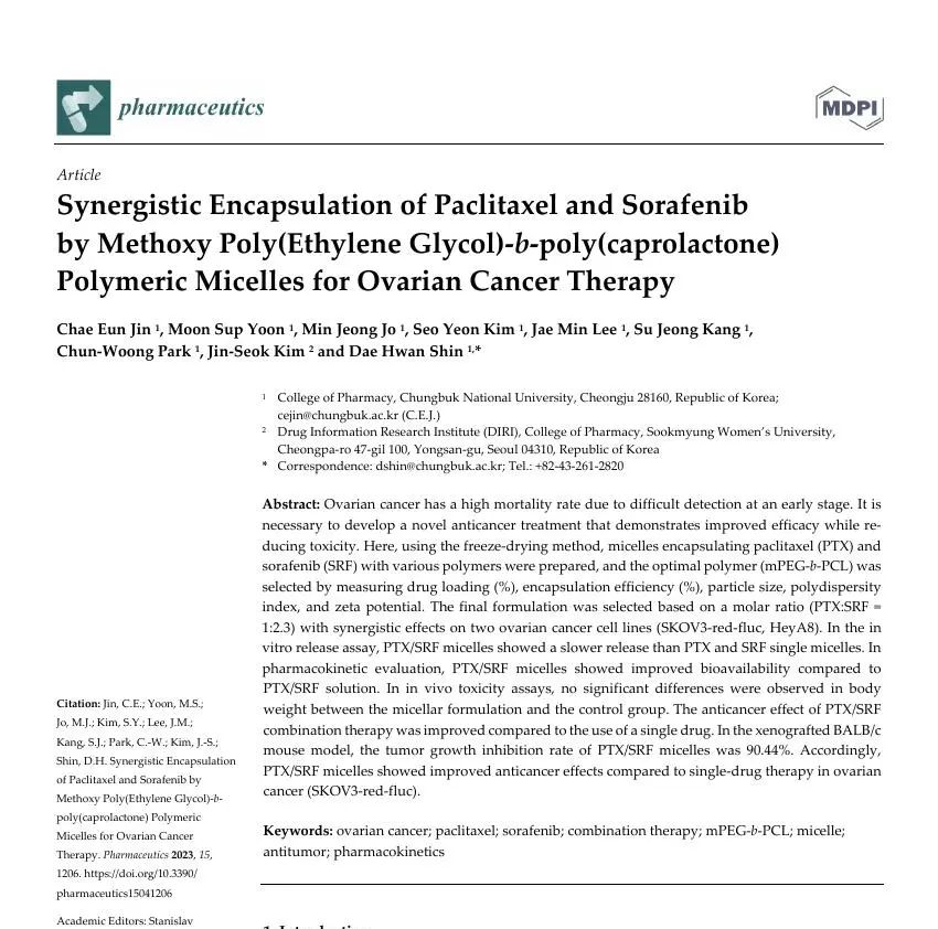Synergistic Encapsulation of Paclitaxel and Sorafenib by Methoxy Poly(Ethylene Glycol)-b-poly(caprolactone) Polymeric Micelles for Ovarian Cancer Therapy 논문 이미지