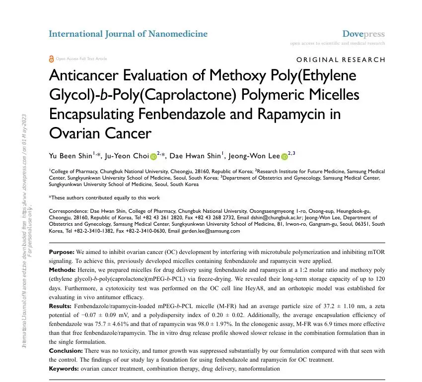 Anticancer Evaluation of Methoxy Poly(Ethylene Glycol)-b-Poly(Caprolactone) Polymeric Micelles Encapsulating Fenbendazole and Rapamycin in Ovarian Cancer 논문 이미지