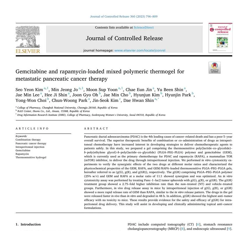 Gemcitabine and rapamycin-loaded mixed polymeric thermogel for metastatic pancreatic cancer therapy 논문 이미지