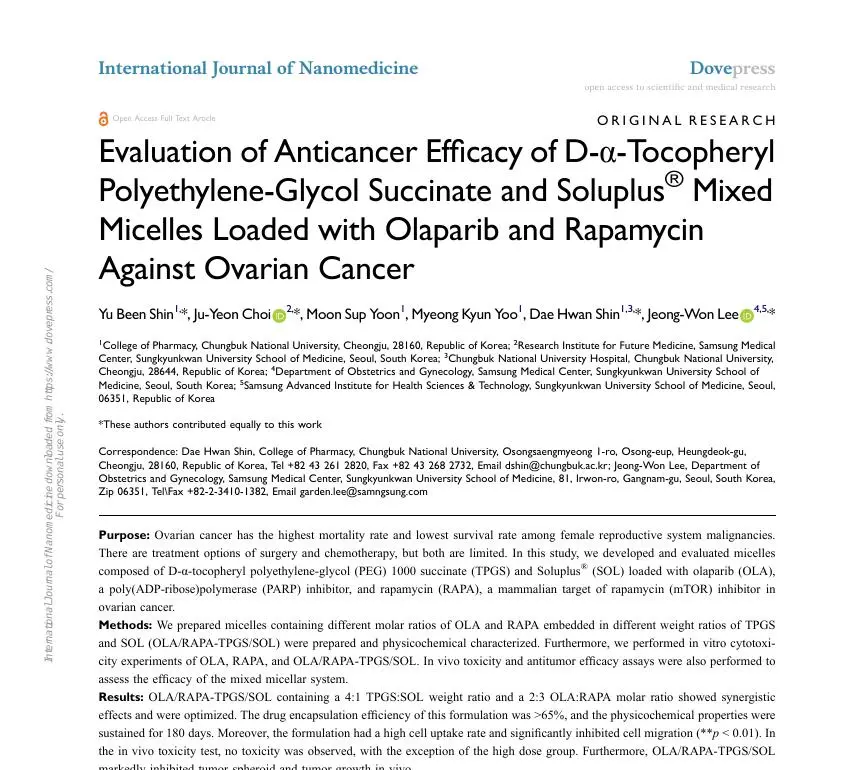 Evaluation of Anticancer Efficacy of D-α-Tocopheryl Polyethylene-Glycol Succinate and Soluplus® Mixed Micelles Loaded with Olaparib and Rapamycin Against Ovarian Cancer 논문 이미지
