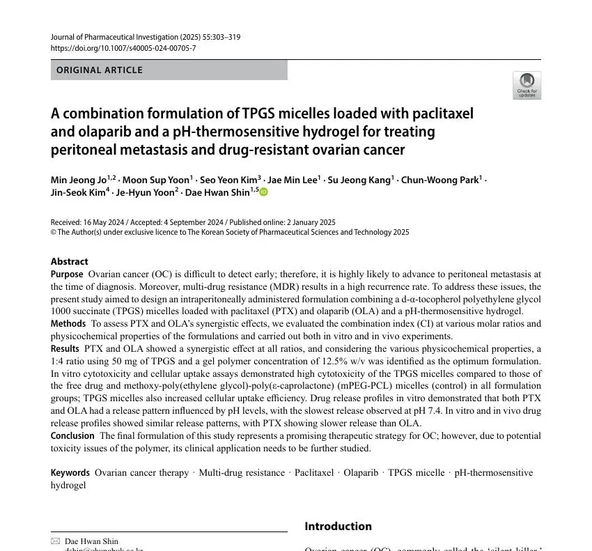 A combination formulation of TPGS micelles loaded with paclitaxel and olaparib and a pH-thermosensitive hydrogel for treating peritoneal metastasis and drug-resistant ovarian cancer 논문 이미지